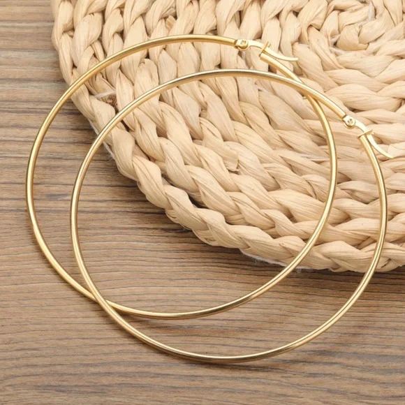 Gold Tone Large Hoop Earrings Zinc Alloy Round - Picture 3 of 7